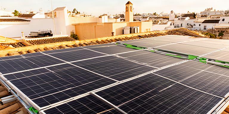 Paneles solares instalados sobre una cubierta residencial soleada en Tomares, Sevilla